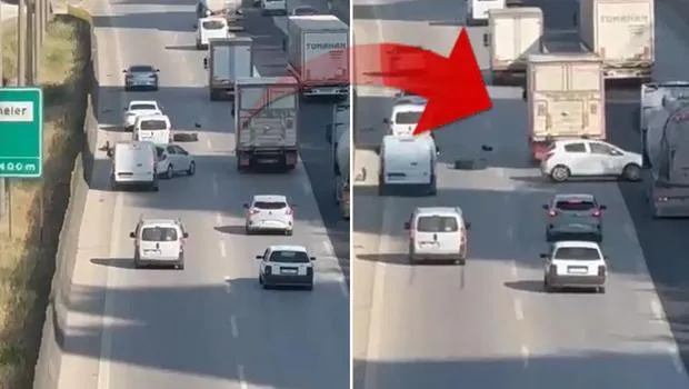 TIR'dan Kopan Lastik Faciası! Zincirleme Kaza Kamerada