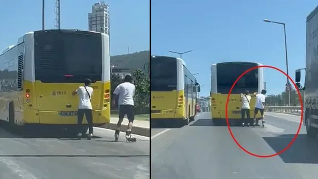 Patenli Gençler Ölümle Dans Etti! Otobüs Arkasında Tehlikeli Şov